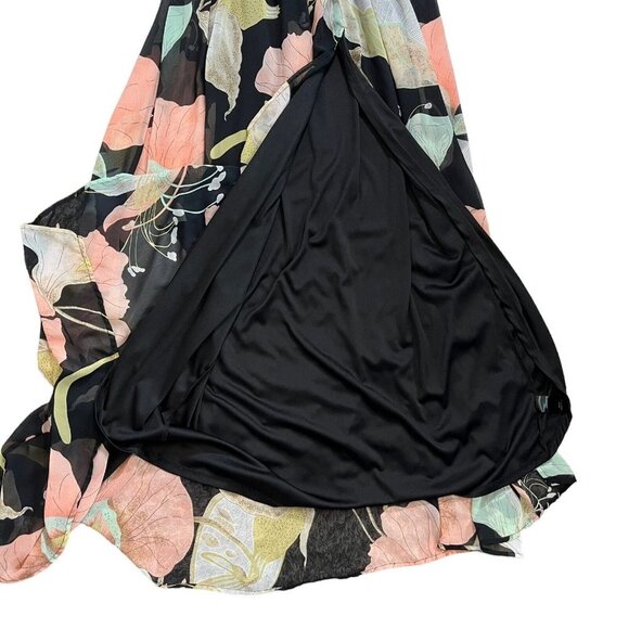 Lulus Wondrous Water Lilies Black Floral Print V-Neck‎ Slit Maxi Dress Sz Small - Picture 7 of 14